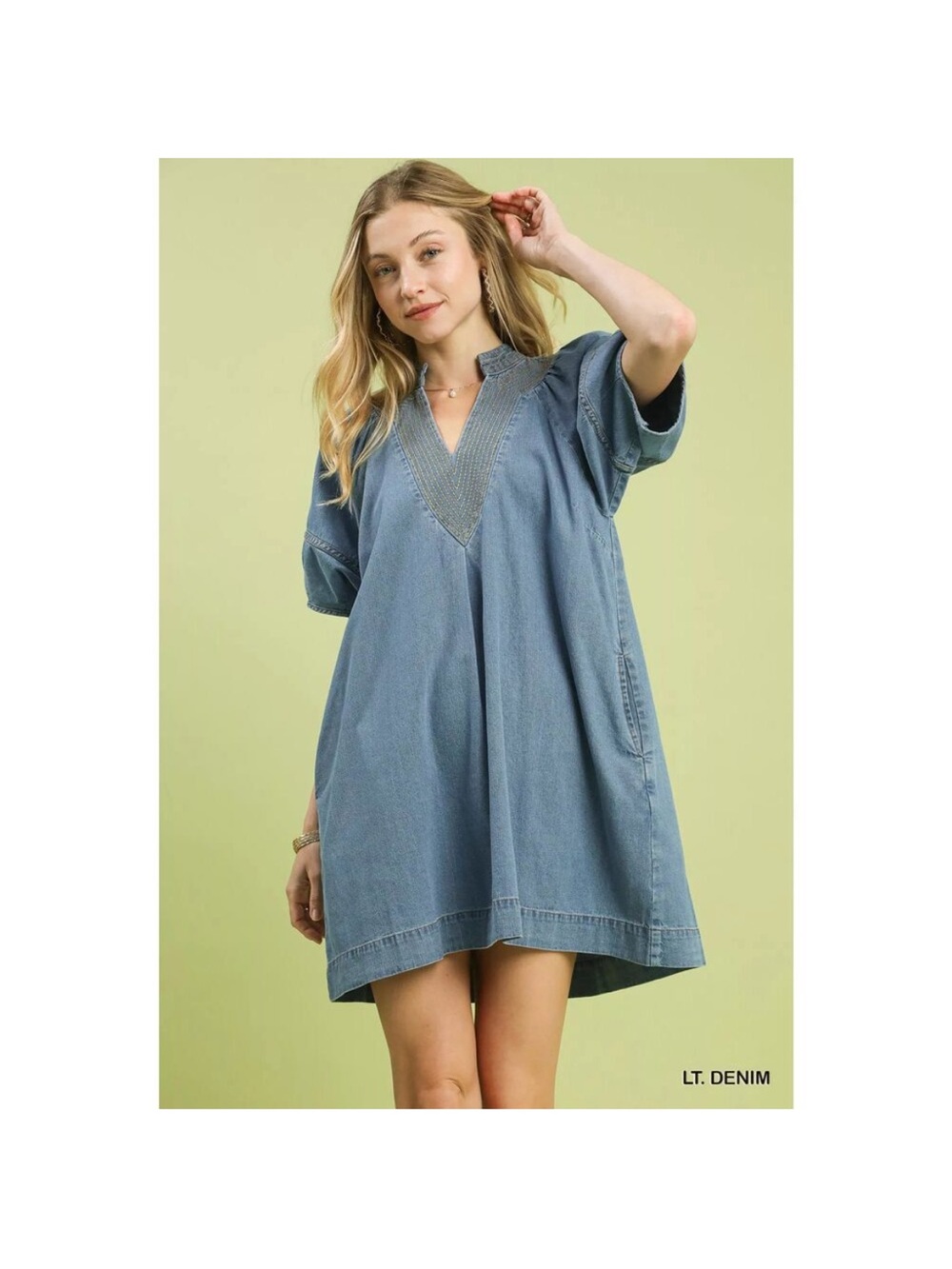 Umgee Light Blue Denim V-Neck Puff Sleeve Midi Dress